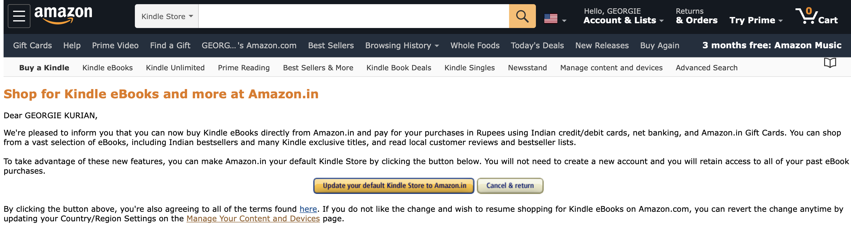Problem migrating my Kindle account from to Amazon.in