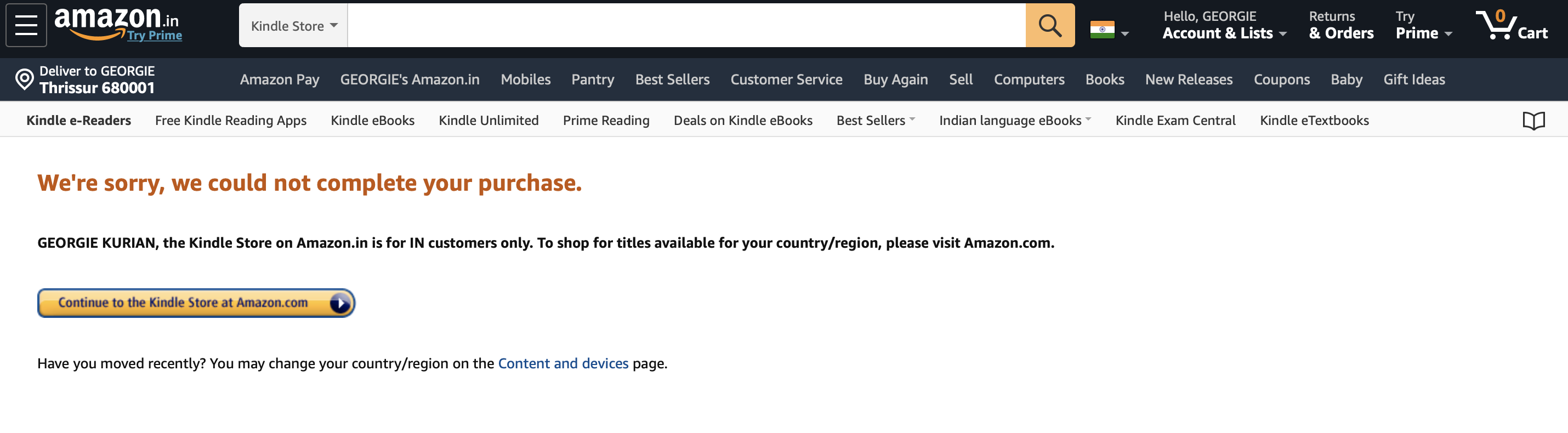 Problem migrating my Kindle account from to Amazon.in