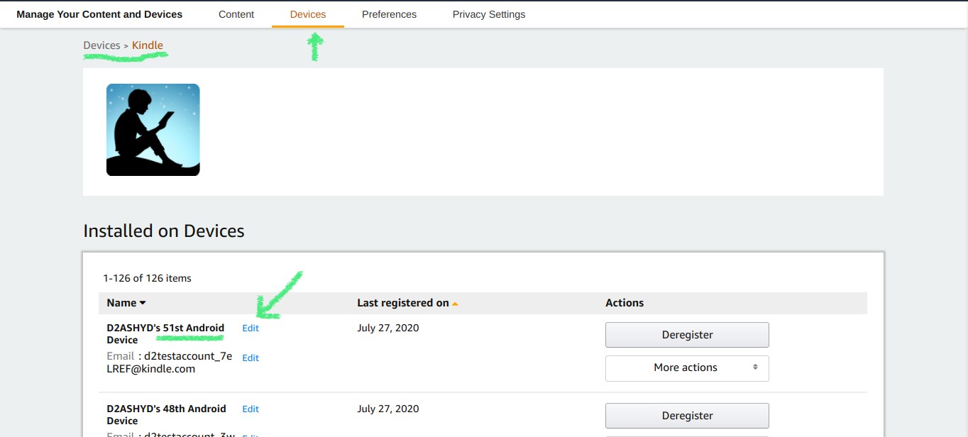 How do I change the device name on Amazon account for my kindle account