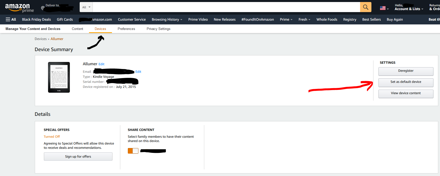 How do I set my new Kindle Paperwhite as my Default device and remove the default device setting
