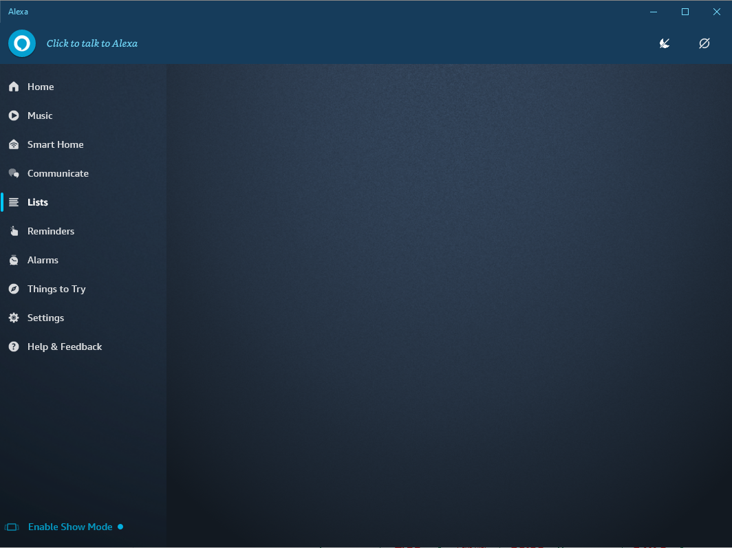 Alexa app for pc shows nothing on the lists tab