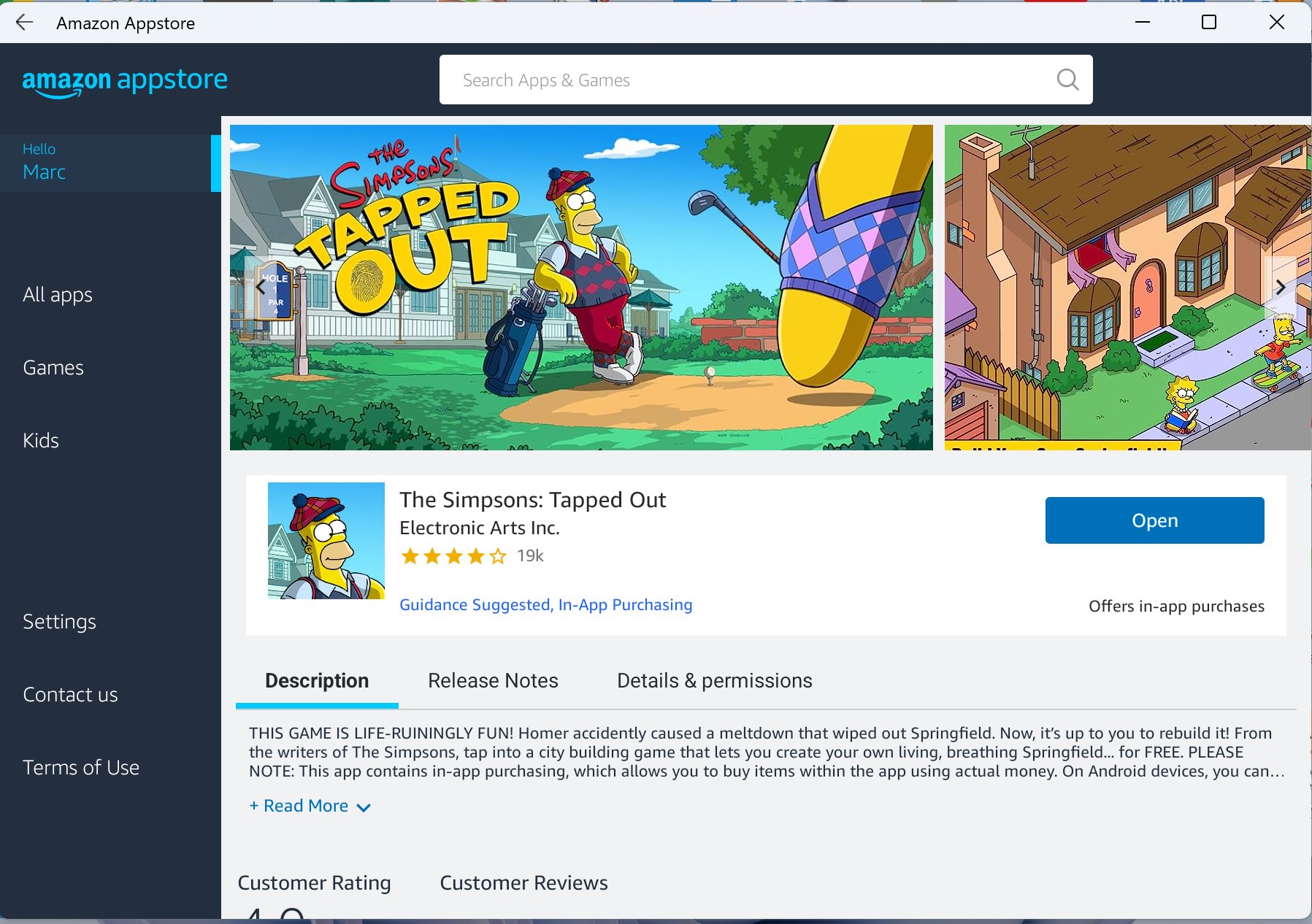 The Simpson Tapped Out support in the Amazon appstore
