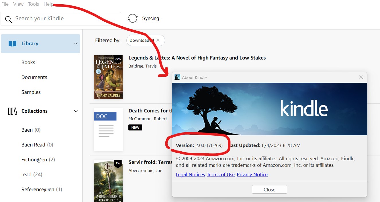 Kindle PC app requires update to open book, but downloading update didn