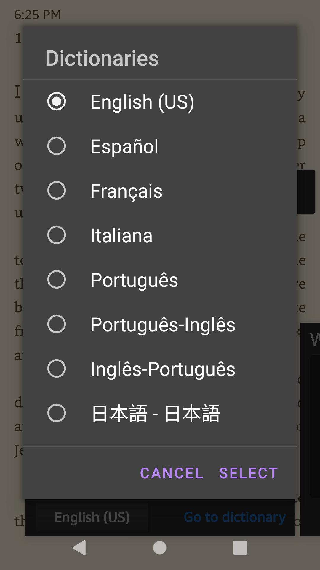 How do I add another dictionary for use in the mobile Kindle app?