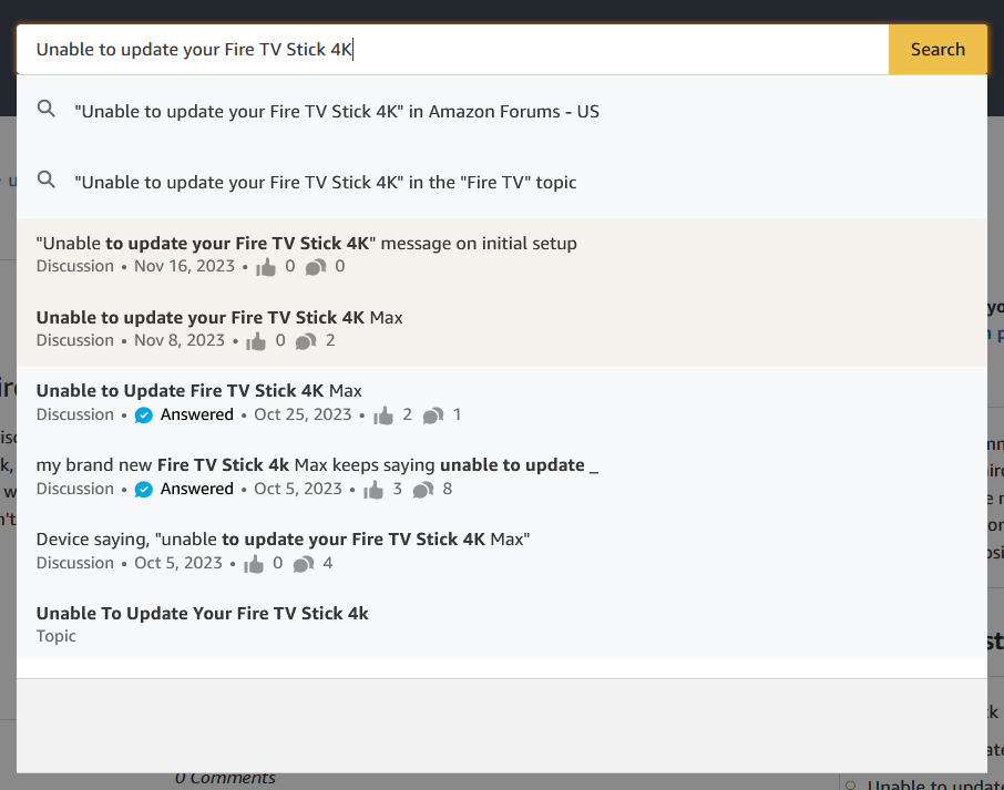 "Unable to update your Fire TV Stick 4K" message on initial setup