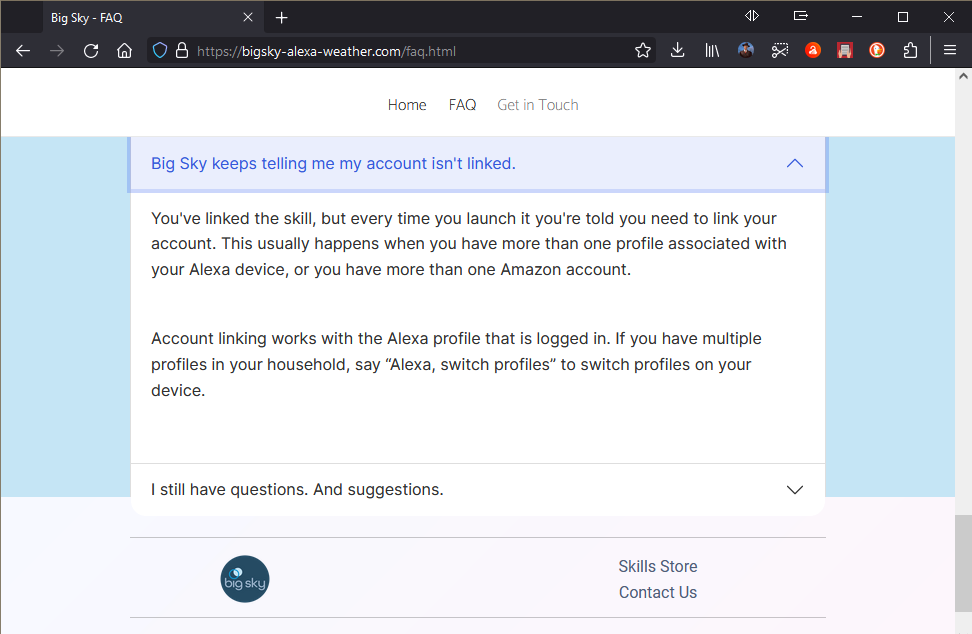 What is big sky link and why does my Alexa app keep telling me to 