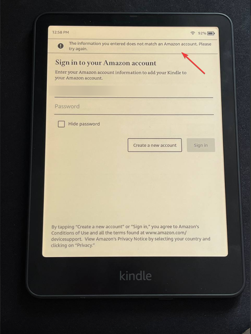 Unable to Sign In to Amazon Account on Kindle Paperwhite (12th Gen)