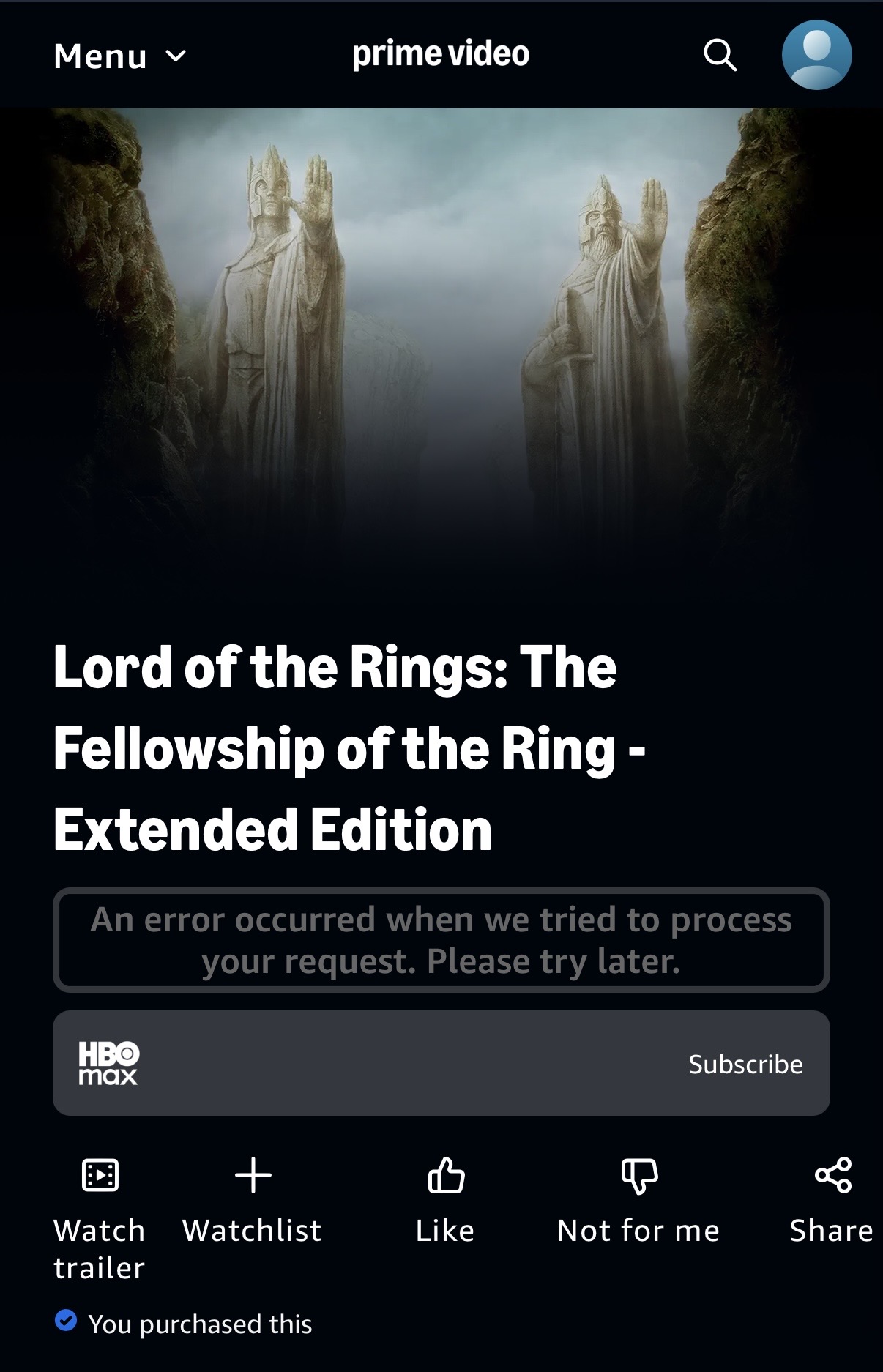 Error Message when trying to watch movie